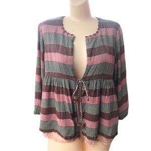 April Cornell Pink Check Boho Tunic Blouse Lace Tie Front Medium